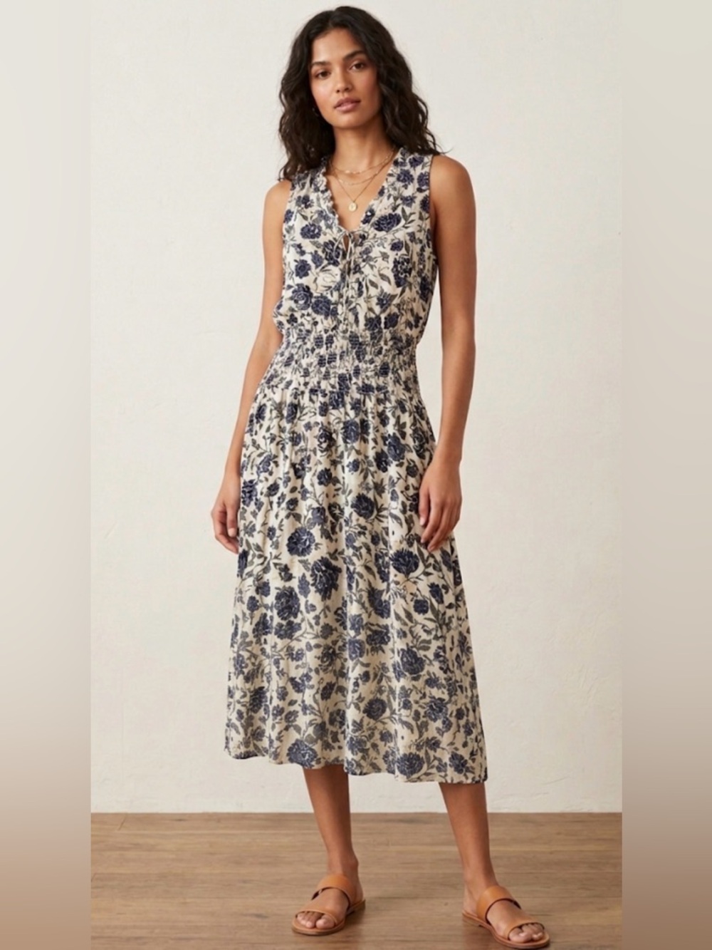 NWT Splendid Encore Floral Smocked Waist Dress - Navy Blue Boho Midi- SZ Small